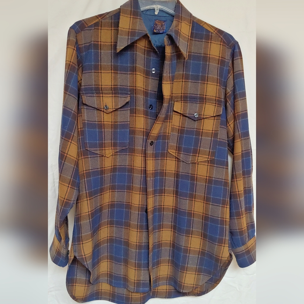Vintage Pendleton Wool Plaid Shirt Size 151/2 Blue Browny Rust Goldish Plaid